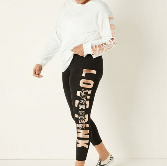 PINK Victoria's Secret Leggings Metallic Rose Gold Graphite Grey Size XS NWT - Picture 3 of 10